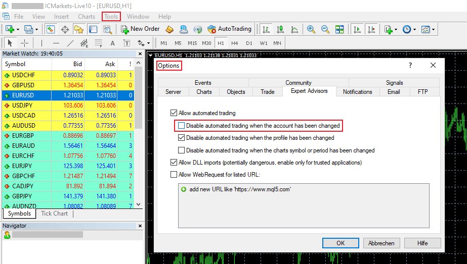 Preparing for a Forex VPS Failure | MetaTrader Uncheck Disable automated trading when 01